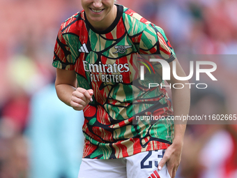 Alessia Russo smiles during warm-up before the Barclays FA Women's Super League match between Arsenal and Manchester City at the Emirates St...