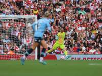 Goalkeeper Manuela Zinsberger passes the ball during the Barclays FA Women's Super League match between Arsenal and Manchester City at the E...