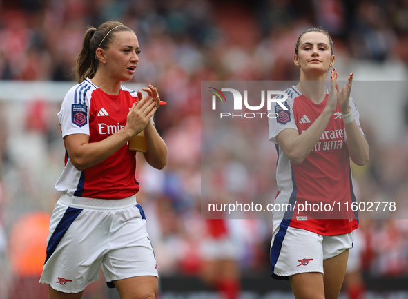 Katie McCabe and Emily Fox during the Barclays FA Women's Super League match between Arsenal and Manchester City at the Emirates Stadium in...