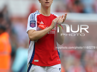 Lotte Wubben-Moy thanks fans after the Barclays FA Women's Super League match between Arsenal and Manchester City at the Emirates Stadium in...