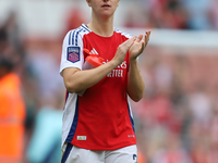 Lotte Wubben-Moy thanks fans after the Barclays FA Women's Super League match between Arsenal and Manchester City at the Emirates Stadium in...