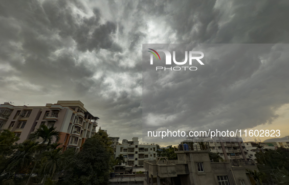 Monsoon clouds hover in the sky over residential buildings in Guwahati, India, on September 23, 2024. 