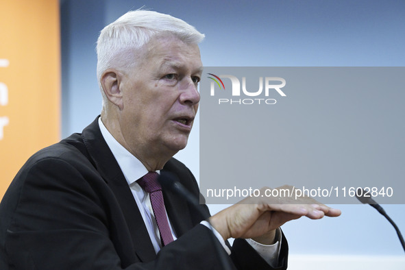 Latvia's former President Valdis Zatlers speaks about the Russia-Ukraine war during a conversation titled ''Latvia's Frontline Perspective o...