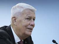 Latvia's former President Valdis Zatlers speaks about the Russia-Ukraine war during a conversation titled ''Latvia's Frontline Perspective o...