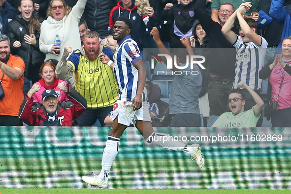 Josh Maja of West Bromwich Albion celebrates after scoring their first goal during the Sky Bet Championship match between West Bromwich Albi...