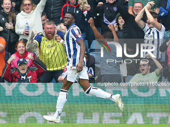 Josh Maja of West Bromwich Albion celebrates after scoring their first goal during the Sky Bet Championship match between West Bromwich Albi...