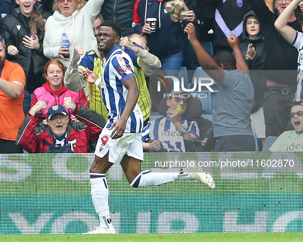 Josh Maja of West Bromwich Albion celebrates after scoring their first goal during the Sky Bet Championship match between West Bromwich Albi...