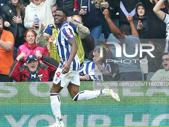 Josh Maja of West Bromwich Albion celebrates after scoring their first goal during the Sky Bet Championship match between West Bromwich Albi...