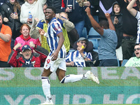 Josh Maja of West Bromwich Albion celebrates after scoring their first goal during the Sky Bet Championship match between West Bromwich Albi...