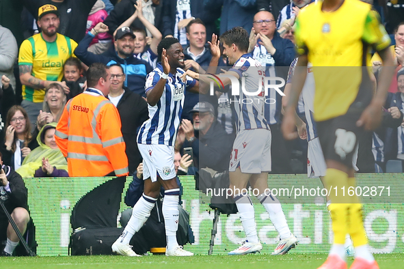 Josh Maja of West Bromwich Albion celebrates after scoring their first goal during the Sky Bet Championship match between West Bromwich Albi...