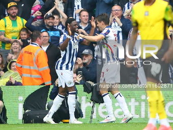 Josh Maja of West Bromwich Albion celebrates after scoring their first goal during the Sky Bet Championship match between West Bromwich Albi...