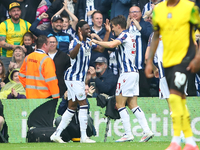 Josh Maja of West Bromwich Albion celebrates after scoring their first goal during the Sky Bet Championship match between West Bromwich Albi...