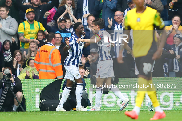 Josh Maja of West Bromwich Albion celebrates after scoring their first goal during the Sky Bet Championship match between West Bromwich Albi...