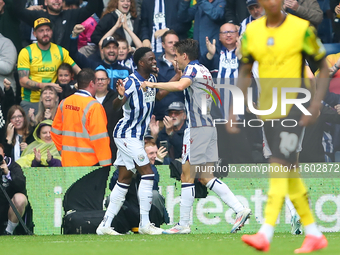 Josh Maja of West Bromwich Albion celebrates after scoring their first goal during the Sky Bet Championship match between West Bromwich Albi...