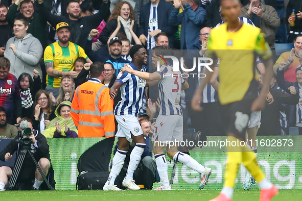 Josh Maja of West Bromwich Albion celebrates after scoring their first goal during the Sky Bet Championship match between West Bromwich Albi...