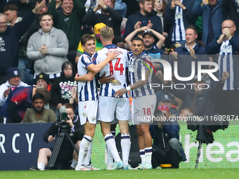 Josh Maja of West Bromwich Albion celebrates after scoring their first goal during the Sky Bet Championship match between West Bromwich Albi...