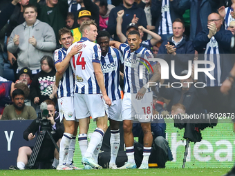 Josh Maja of West Bromwich Albion celebrates after scoring their first goal during the Sky Bet Championship match between West Bromwich Albi...