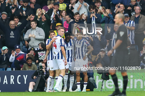 Josh Maja of West Bromwich Albion celebrates after scoring their first goal during the Sky Bet Championship match between West Bromwich Albi...