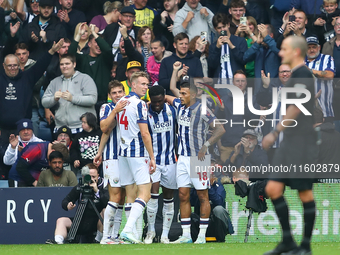 Josh Maja of West Bromwich Albion celebrates after scoring their first goal during the Sky Bet Championship match between West Bromwich Albi...