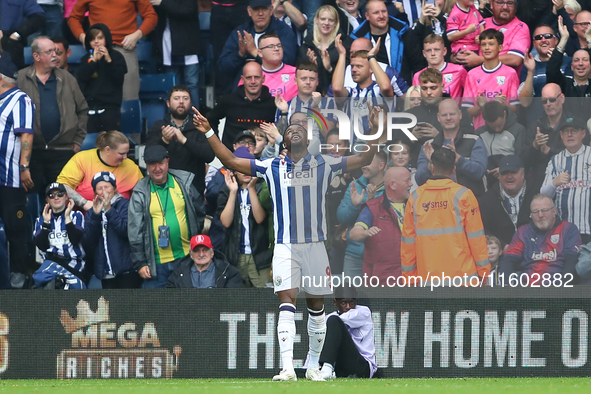 Josh Maja of West Bromwich Albion celebrates after scoring their first goal during the Sky Bet Championship match between West Bromwich Albi...