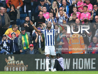 Josh Maja of West Bromwich Albion celebrates after scoring their first goal during the Sky Bet Championship match between West Bromwich Albi...