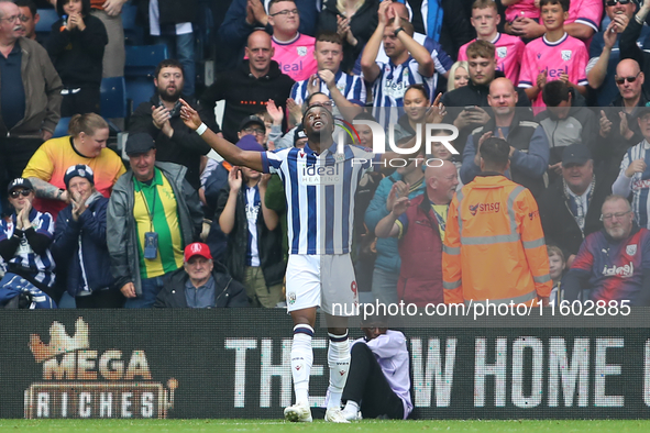 Josh Maja of West Bromwich Albion celebrates after scoring their first goal during the Sky Bet Championship match between West Bromwich Albi...