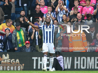 Josh Maja of West Bromwich Albion celebrates after scoring their first goal during the Sky Bet Championship match between West Bromwich Albi...