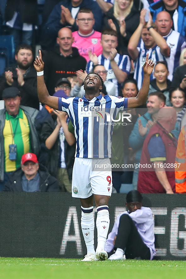 Josh Maja of West Bromwich Albion celebrates after scoring their first goal during the Sky Bet Championship match between West Bromwich Albi...