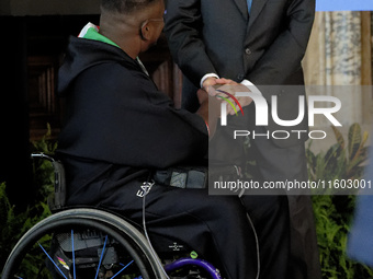 Rigivan Ganeshamoorthy and Sergio Mattarella participate in the return ceremony of the Flag of the Italian athletes returning from the Paris...