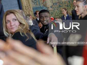 Rigivan Ganeshamoorthy participates in the return ceremony of the Flag of the Italian athletes returning from the Paris 2024 Olympic and Par...