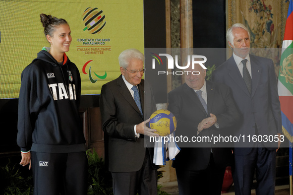 Anna Danesi, Sergio Mattarella, Giuseppe Manfredi, and Giovanni Malago attend the return ceremony of the Flag of the Italian athletes return...