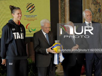 Anna Danesi, Sergio Mattarella, Giuseppe Manfredi, and Giovanni Malago attend the return ceremony of the Flag of the Italian athletes return...