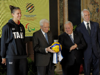 Anna Danesi, Sergio Mattarella, Giuseppe Manfredi, and Giovanni Malago attend the return ceremony of the Flag of the Italian athletes return...