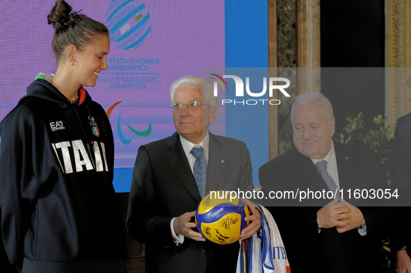 Anna Danesi, Sergio Mattarella, and Giuseppe Manfredi attend the return ceremony of the Flag of the Italian athletes returning from the Pari...