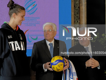 Anna Danesi, Sergio Mattarella, and Giuseppe Manfredi attend the return ceremony of the Flag of the Italian athletes returning from the Pari...