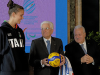 Anna Danesi, Sergio Mattarella, and Giuseppe Manfredi attend the return ceremony of the Flag of the Italian athletes returning from the Pari...