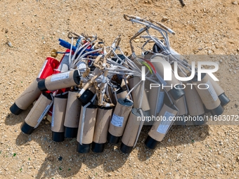 Fireworks wait to be implanted on the New Port under construction in Molfetta, Italy, on September 22, 2024. On the final day of the Patrona...