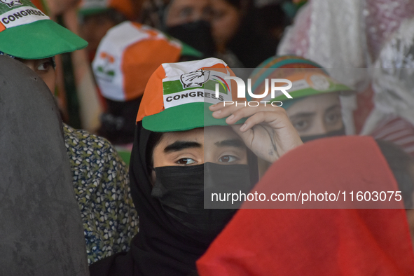 Supporters of the Indian National Congress attend a campaign rally held by Rahul Gandhi in Srinagar, Indian Administered Kashmir, on Septemb...