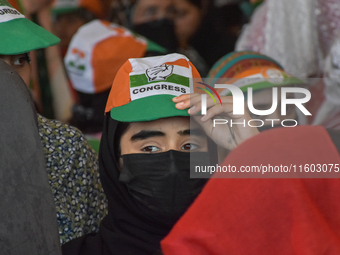 Supporters of the Indian National Congress attend a campaign rally held by Rahul Gandhi in Srinagar, Indian Administered Kashmir, on Septemb...