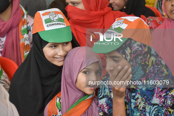 Supporters of the Indian National Congress attend a campaign rally held by Rahul Gandhi in Srinagar, Indian Administered Kashmir, on Septemb...