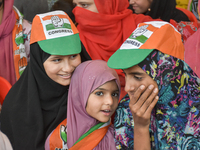 Supporters of the Indian National Congress attend a campaign rally held by Rahul Gandhi in Srinagar, Indian Administered Kashmir, on Septemb...