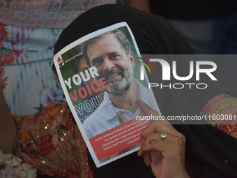 Supporters of the Indian National Congress attend a campaign rally held by Rahul Gandhi in Srinagar, Indian Administered Kashmir, on Septemb...