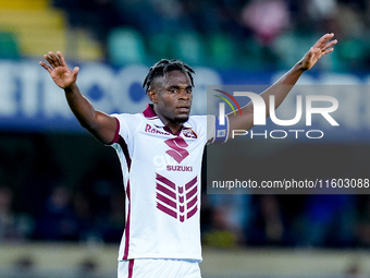 Duvan Zapata of Torino FC gestures during the Serie A Enilive match between Hellas Verona and Torino FC at Stadio Marcantonio Bentegodi on S...