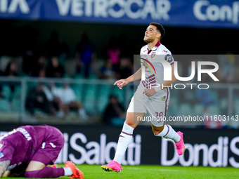 Che' Adams of Torino FC celebrates after scoring third goal during the Serie A Enilive match between Hellas Verona and Torino FC at Stadio M...