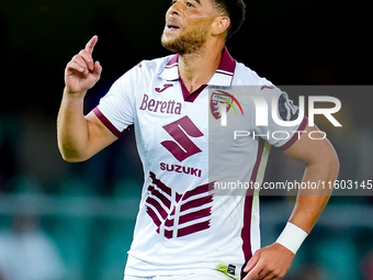 Che' Adams of Torino FC celebrates after scoring third goal during the Serie A Enilive match between Hellas Verona and Torino FC at Stadio M...