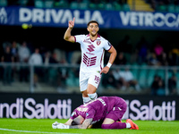 Che' Adams of Torino FC celebrates after scoring third goal during the Serie A Enilive match between Hellas Verona and Torino FC at Stadio M...