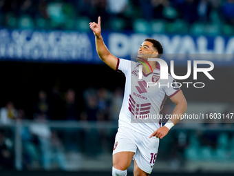 Che' Adams of Torino FC celebrates after scoring third goal during the Serie A Enilive match between Hellas Verona and Torino FC at Stadio M...