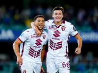 Che' Adams of Torino FC celebrates after scoring third goal during the Serie A Enilive match between Hellas Verona and Torino FC at Stadio M...