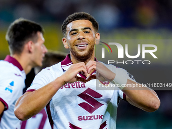 Che' Adams of Torino FC celebrates after scoring third goal during the Serie A Enilive match between Hellas Verona and Torino FC at Stadio M...