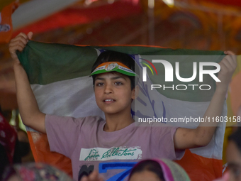 Supporters of the Indian National Congress attend a campaign rally held by Rahul Gandhi in Srinagar, Indian Administered Kashmir, on Septemb...